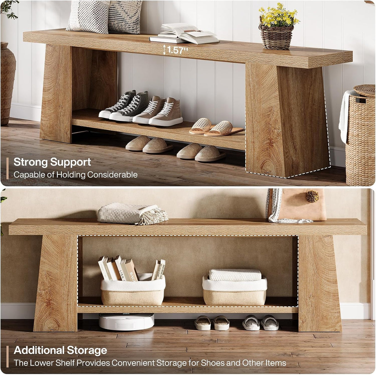 Tribesigns 2-Tier Entryway Bench, 59-Inch Extra Long Shoe Bench with Storage Shelves, Wood End of Bed Seat, Farmhouse Hallway Foyer Seat with Open Shelves for Entryway, Bedroom, Living Room, Natural
