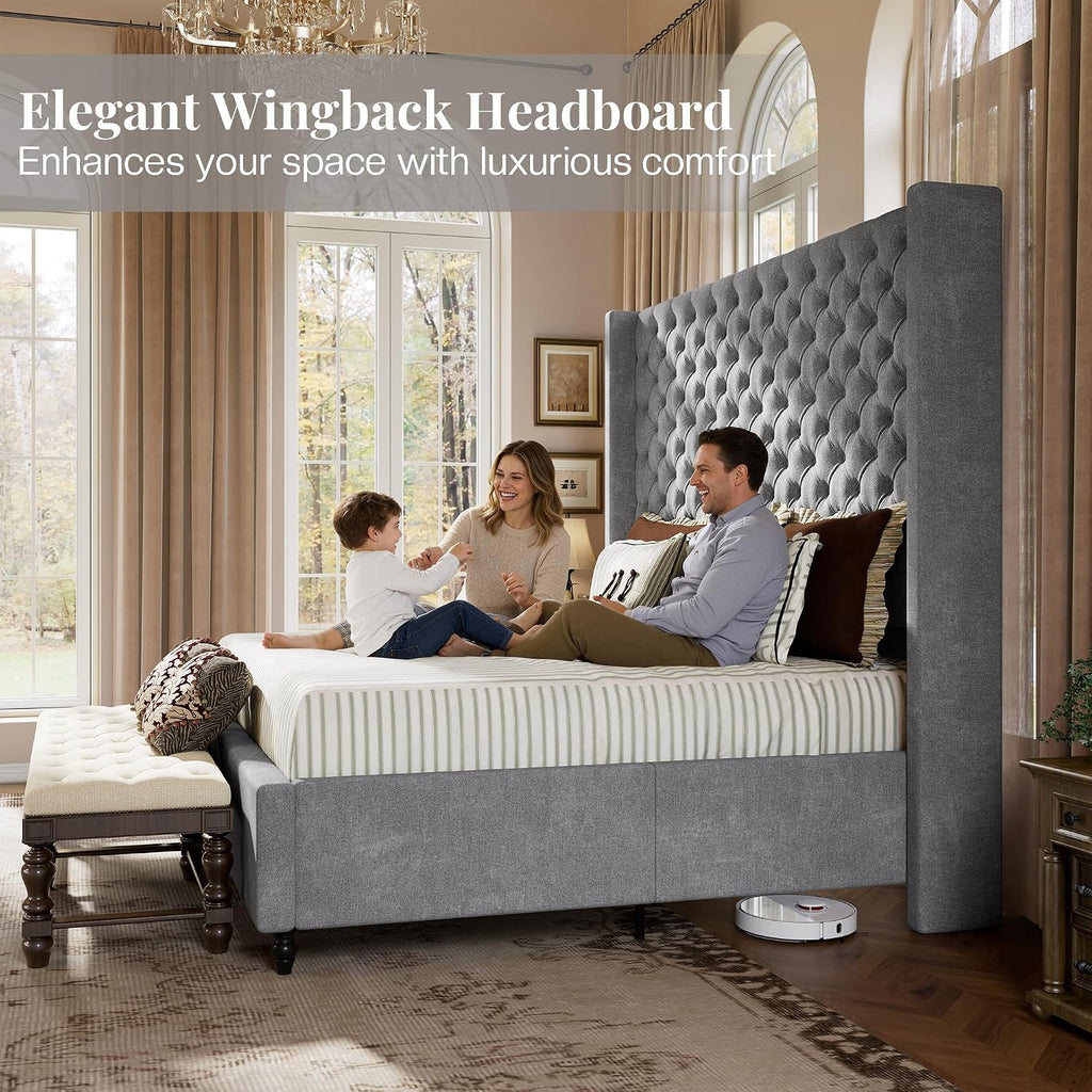 Jocisland Queen Bed Frame with 63" Tall Wingback Headboard, Grey