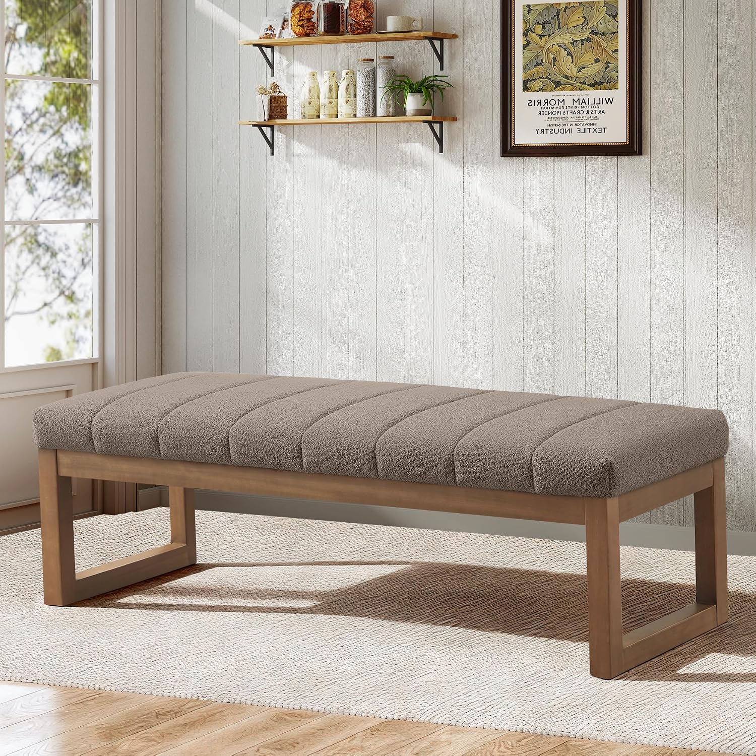 Zihanhome 52.7" Bedroom Bench for End of Bed, Modern Upholstered Teddy Fabric Entryway Bench & Dining Bench, Footrest Stool Bench with Solid Wood Frame for Bedroom, Living Room (Dark Brown)