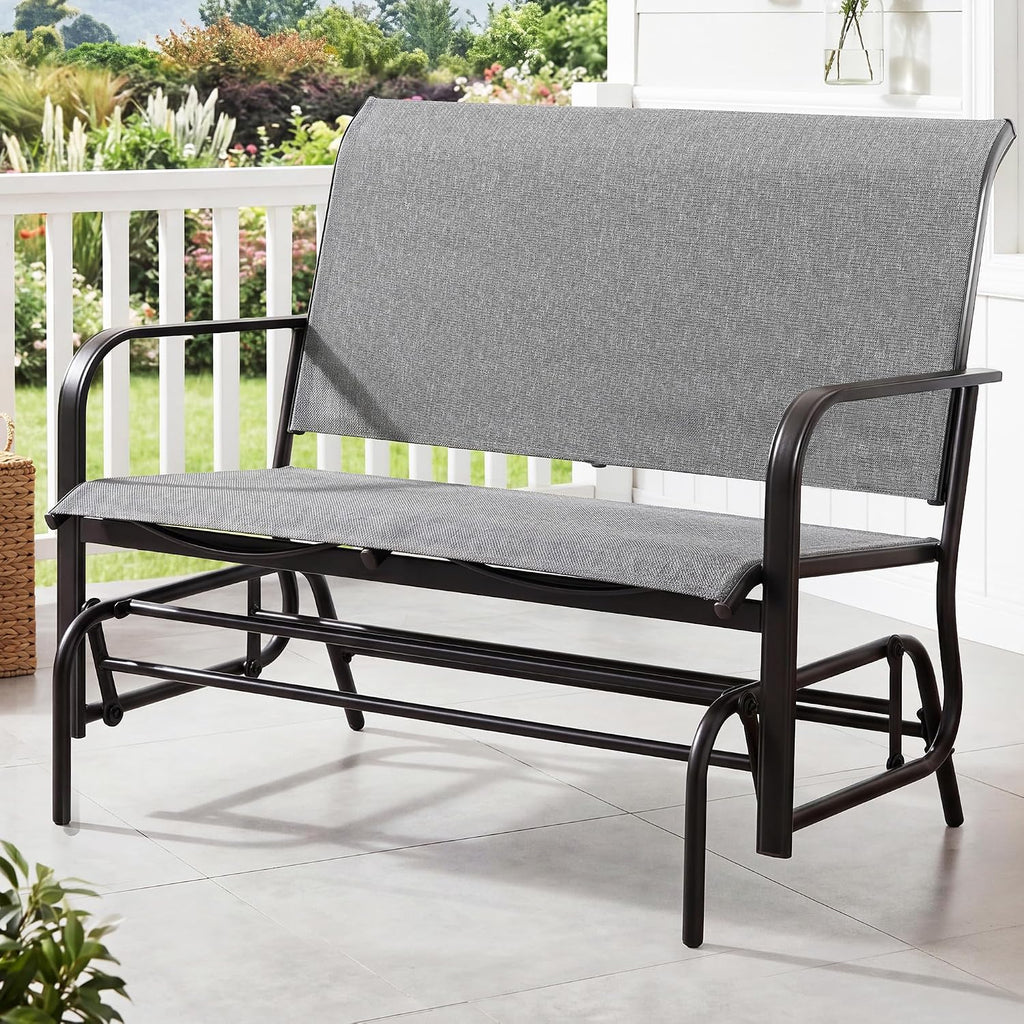 Shintenchi 2-Person Outdoor Glider Bench with Breathable Fabric, Steel Frame Patio Swing Chair, Ergonomic Design Metal Rocking Bench Loveseat for Patio, Backyard, Poolside, Gray