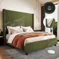 Queen Size Corduroy Upholstered Bed Frame with 65" Tall Headboard,USB Charging Station,Soft Washable Corduroy Cover with Wingback Headboard, Solid Wood Legs/Noise-Free/No Box Spring Needed/Green