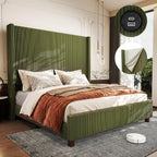 Queen Size Corduroy Upholstered Bed Frame with 65" Tall Headboard,USB Charging Station,Soft Washable Corduroy Cover with Wingback Headboard, Solid Wood Legs/Noise-Free/No Box Spring Needed/Green