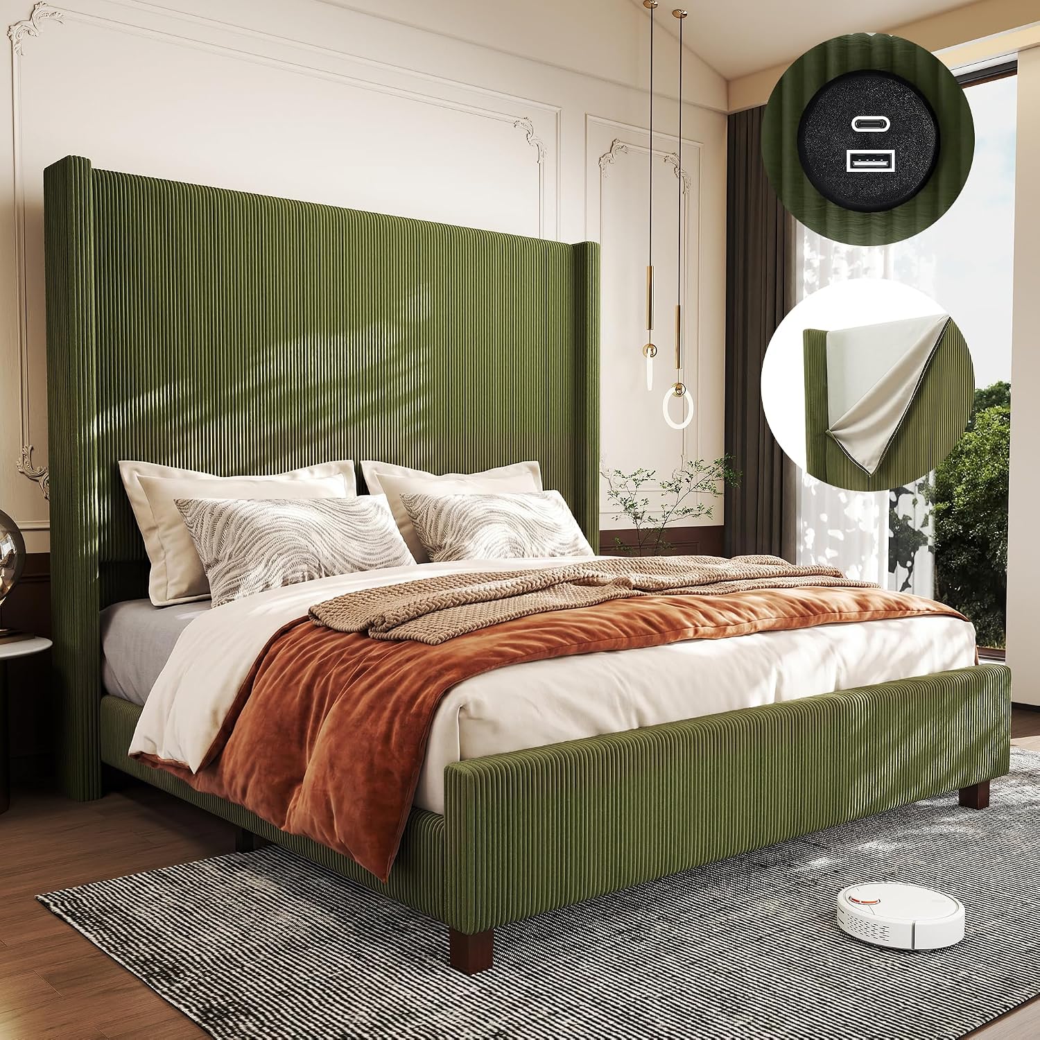 Queen Size Corduroy Upholstered Bed Frame with 65" Tall Headboard,USB Charging Station,Soft Washable Corduroy Cover with Wingback Headboard, Solid Wood Legs/Noise-Free/No Box Spring Needed/Green