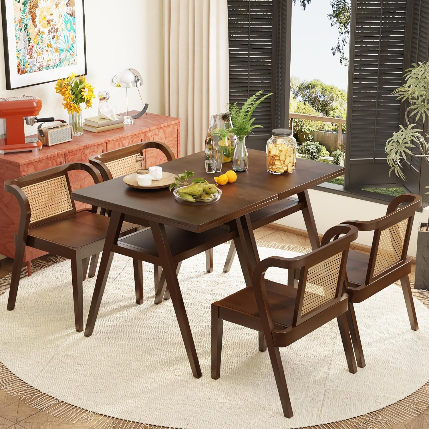 3-Piece Modern Dining Set with Stackable Dining Chairs, Solid Wood Square Table and Chair Breakfast Table Set for 2 Person, Space Saving Dinette for Dining Room, Kitchen, Living Room, Dark Walnut