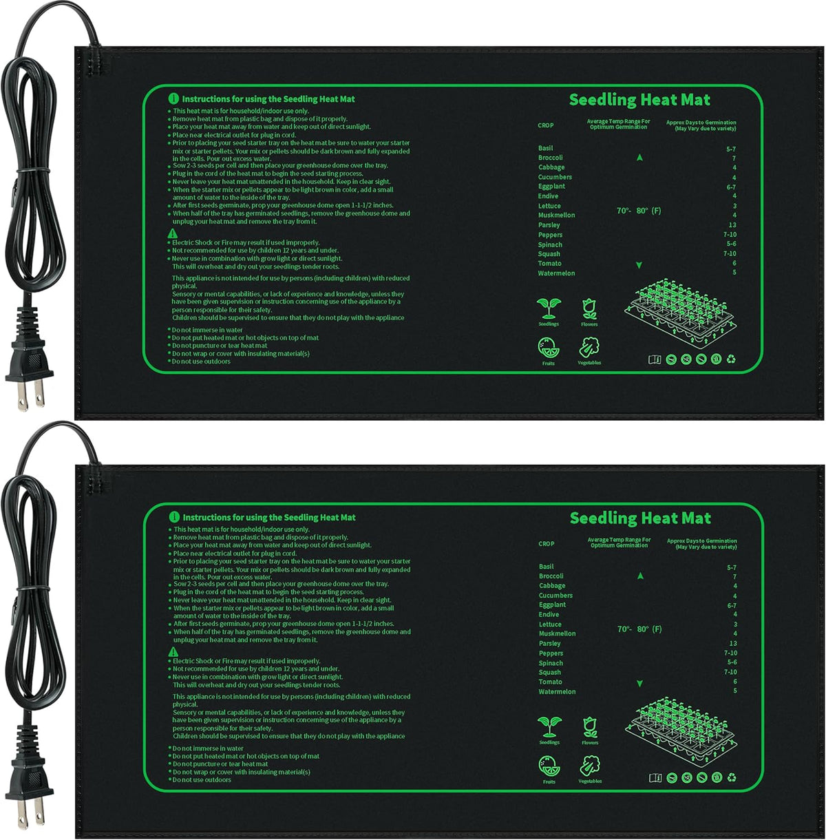 Seedling Heat Mat for Seed Starting,10" x 20.75" Waterproof Heating Pad for Indoor Plants Germination (Black 2 Pack)
