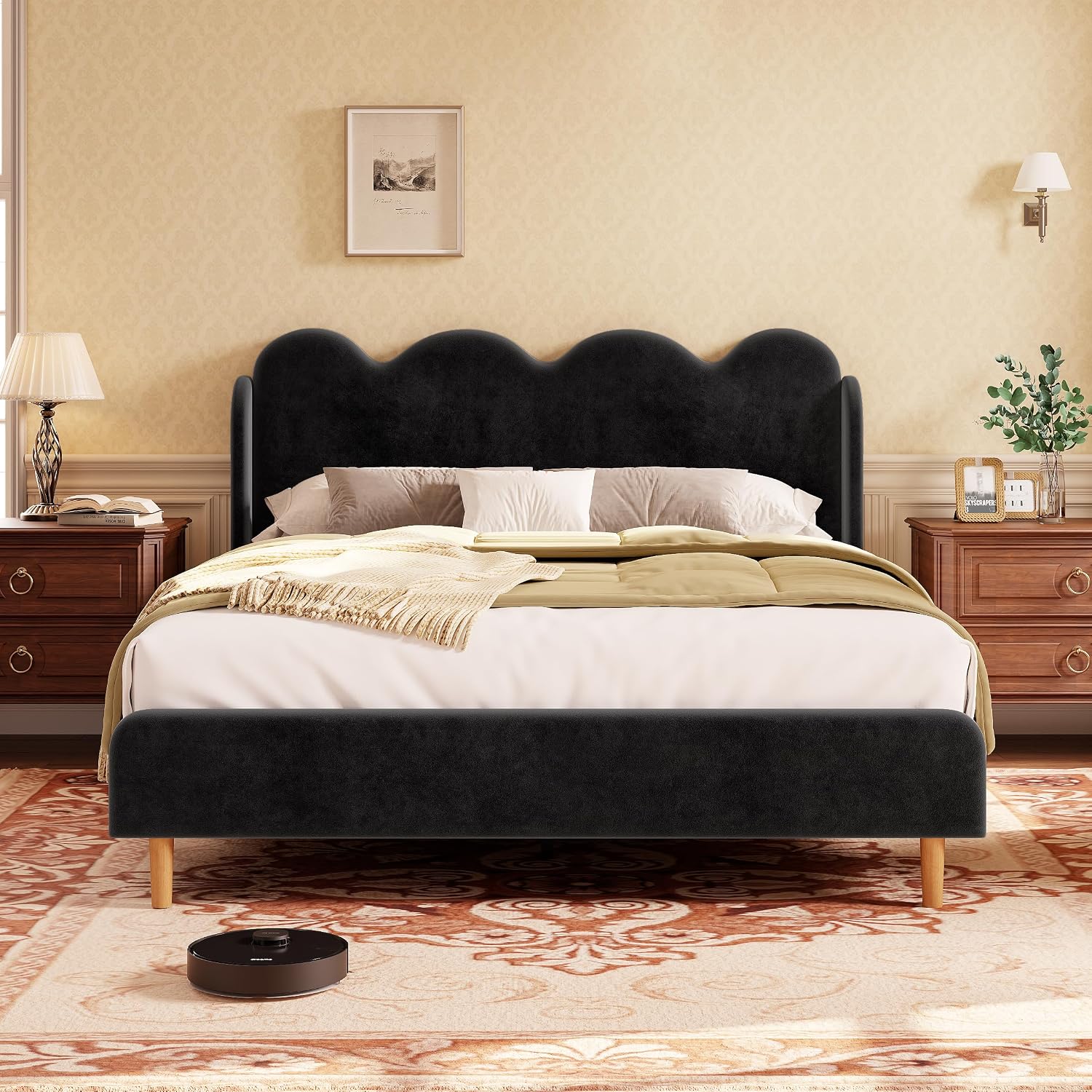 Garvee Chenille Upholstered Full Size Bed Frame, Wingback Design, Black