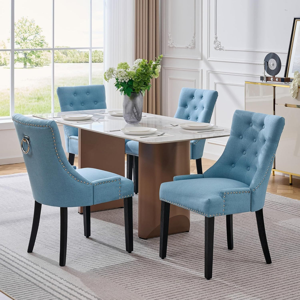 adochr Dining Chairs Set of 6, Upholstered Fabric Dining Room Chairs with Nailhead High Back & Ring Pull & Wooden Legs, Mid-Century Modern Kitchen Chairs for Restaurant, Living Room, Light Blue
