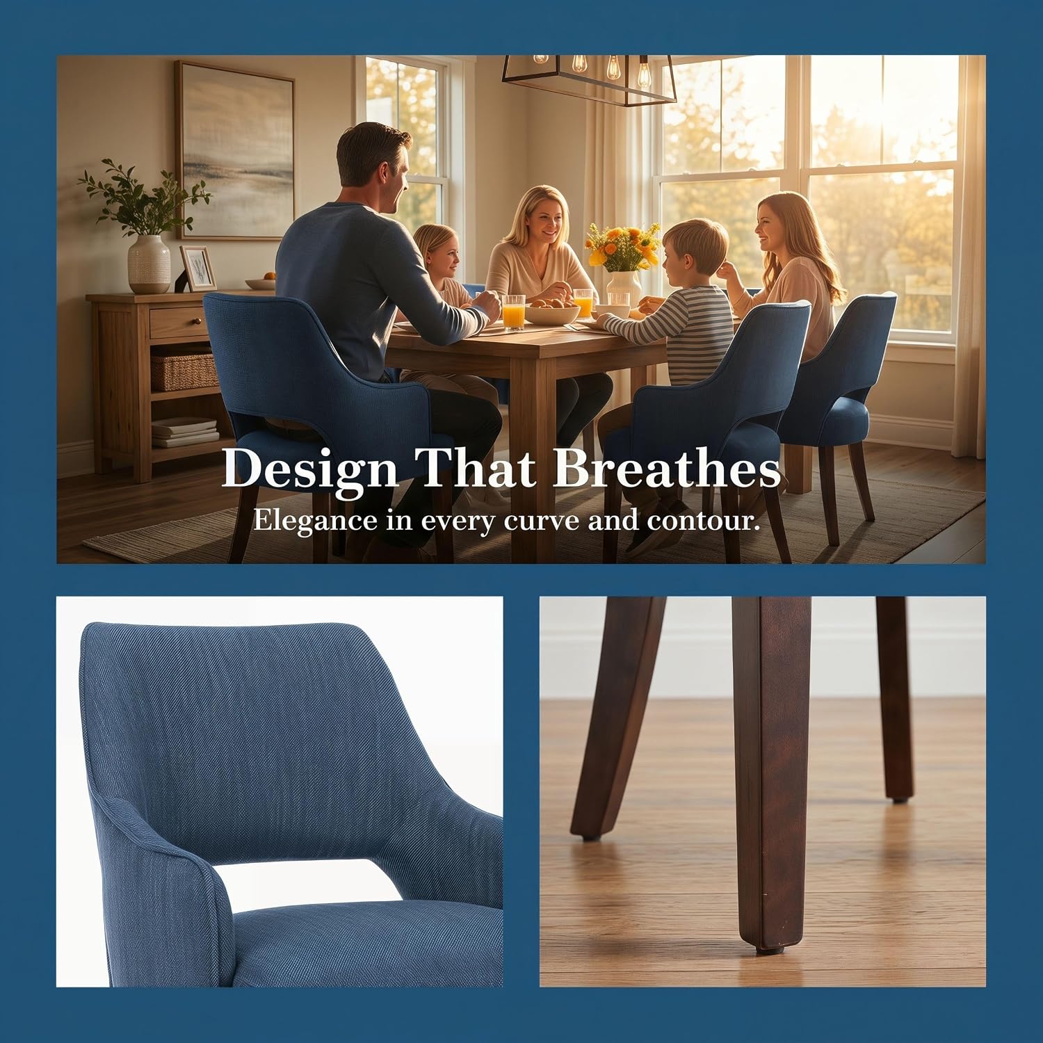 chairus Farmhouse Dining Chairs Set of 2 with Arms, Blue Linen Upholstered Dining Room Chairs, Curved Open Back Kitchen Accent Side Chairs, Blue