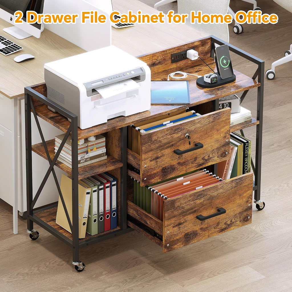 Office File Cabinet, 2 Drawer File Cabinets with Lock, Filing Cabinet with Power Outlets, Adjustable Shelves, Rolling Storage Cabinets for Home Office, Vintage
