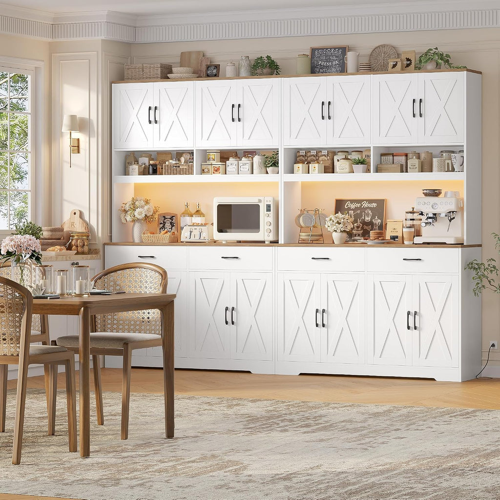 HOSTACK 75" Tall Kitchen Pantry Storage Cabinet, 45" W Hutch Cabinet, White | Farmhouse Pantry Cabinet with Charging Station / LED Lights / Countertop, Wood Kitchen Hutch with 2 Drawers for Dining Room
