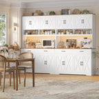 HOSTACK 75" Tall Kitchen Pantry Storage Cabinet, 45" W Hutch Cabinet, White | Farmhouse Pantry Cabinet with Charging Station / LED Lights / Countertop, Wood Kitchen Hutch with 2 Drawers for Dining Room