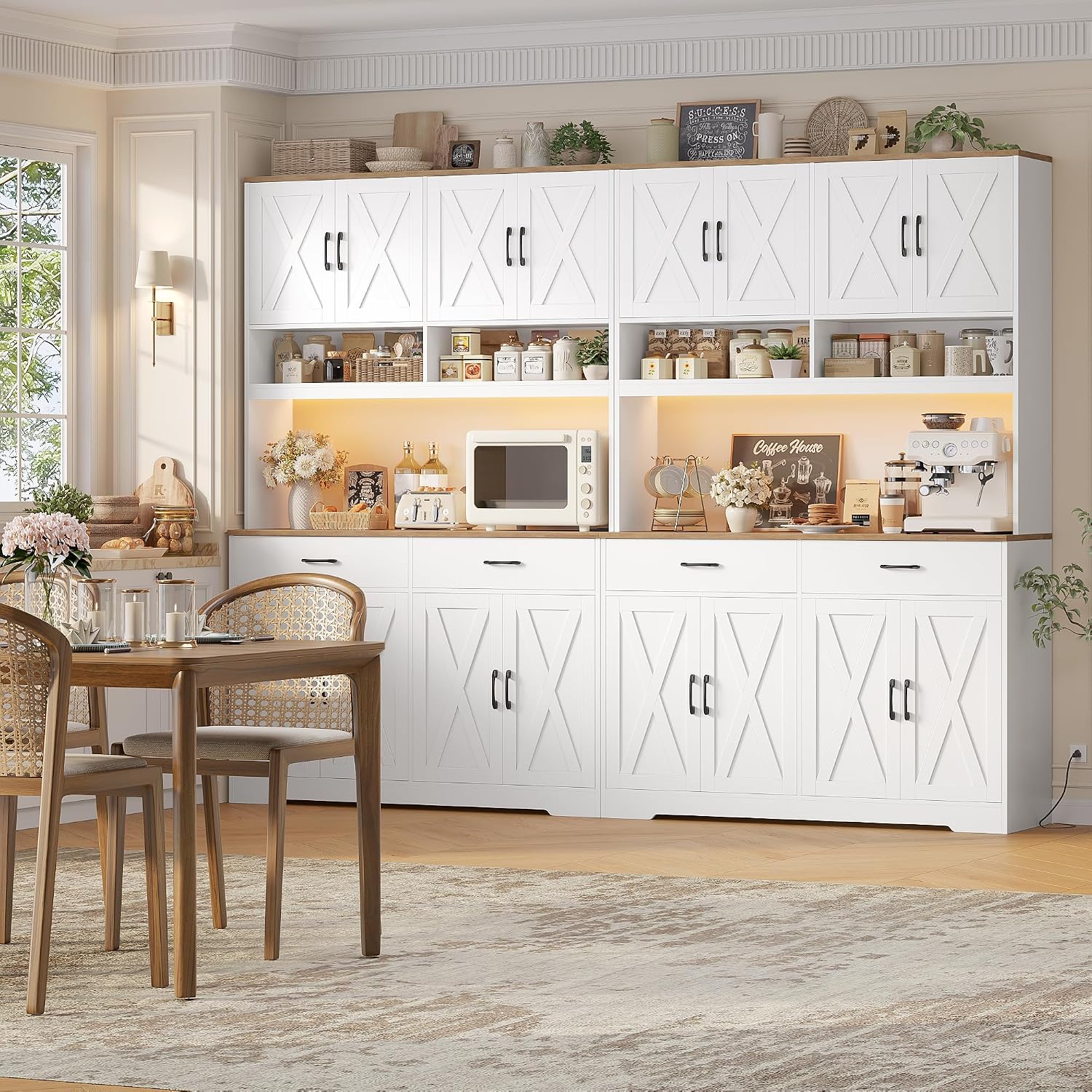 HOSTACK 75" Tall Kitchen Pantry Storage Cabinet, 45" W Hutch Cabinet, White | Farmhouse Pantry Cabinet with Charging Station / LED Lights / Countertop, Wood Kitchen Hutch with 2 Drawers for Dining Room