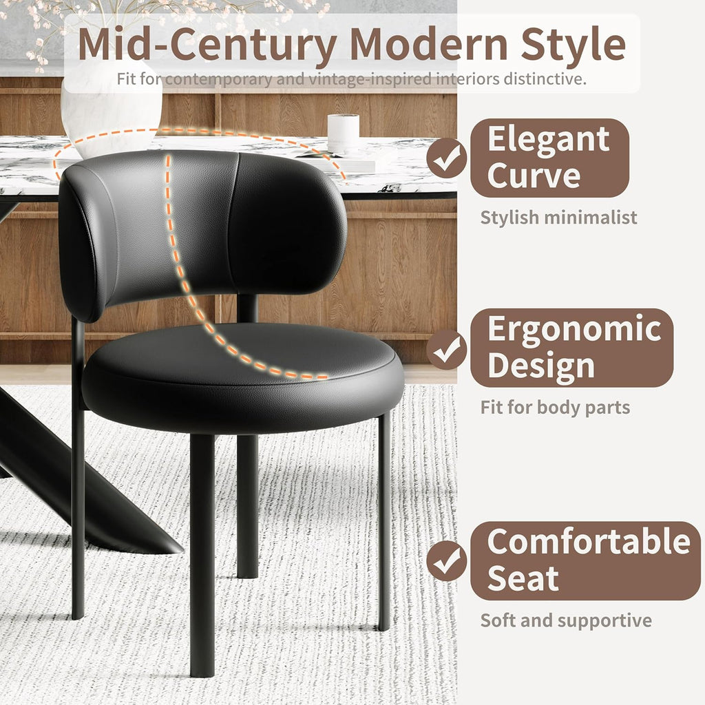 Black Dining Chairs Set of 4 Upholstered Leather Dining Chair with Curved Backrest, Mid Century Modern Chair with Metal Frame, Comfortable Chairs for Kitchen and Dining Room, Restaurant,Bar (Black-4)