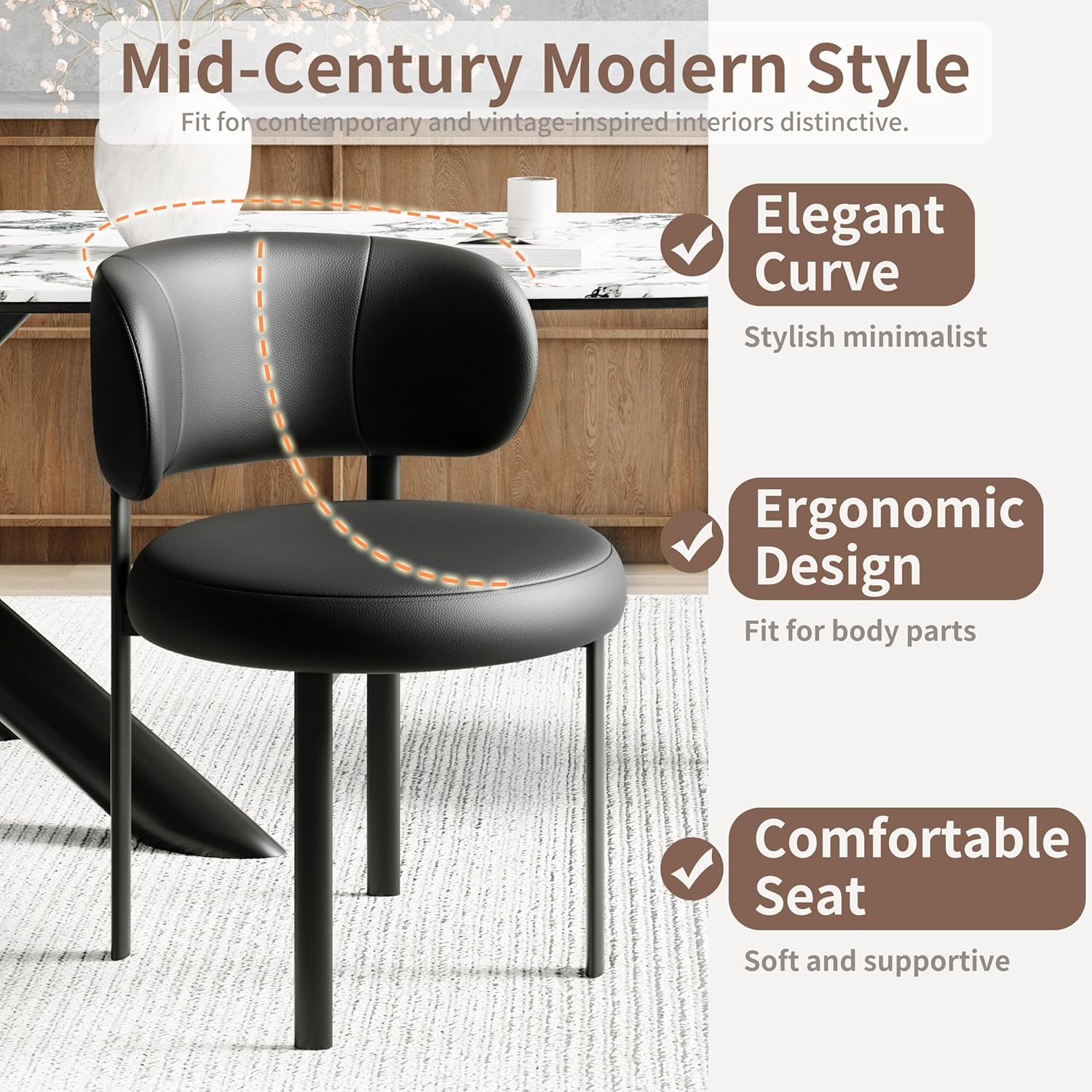 Black Dining Chairs Set of 4 Upholstered Leather Dining Chair with Curved Backrest, Mid Century Modern Chair with Metal Frame, Comfortable Chairs for Kitchen and Dining Room, Restaurant,Bar (Black-4)