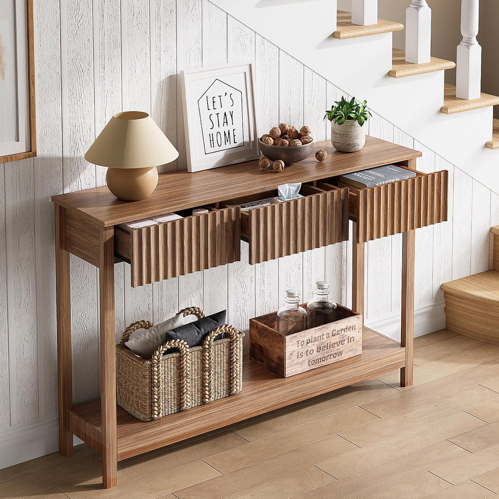 Treocho 47" Fluted Console Table with 3 Drawers and Storage Shelf | Narrow Long Entryway Table,Behind Couch Accent Tables, Entrance Foyer, Hallway, Living Room, Brown