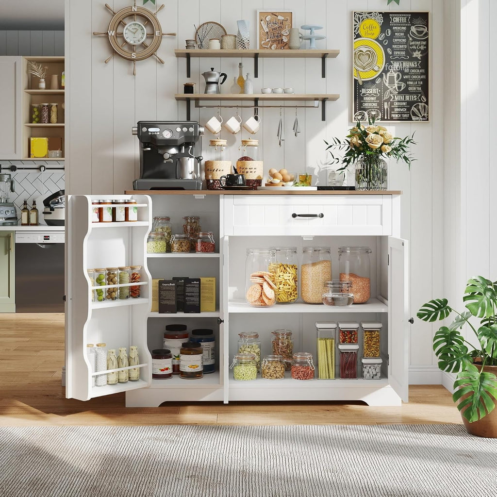 Kitchen Coffee Bar Cabinet with Storage, Sideboard Buffet with Drawers, Shelves and Door, Short Pantry Cabinet for Bathroom or Living Room, White Rustic