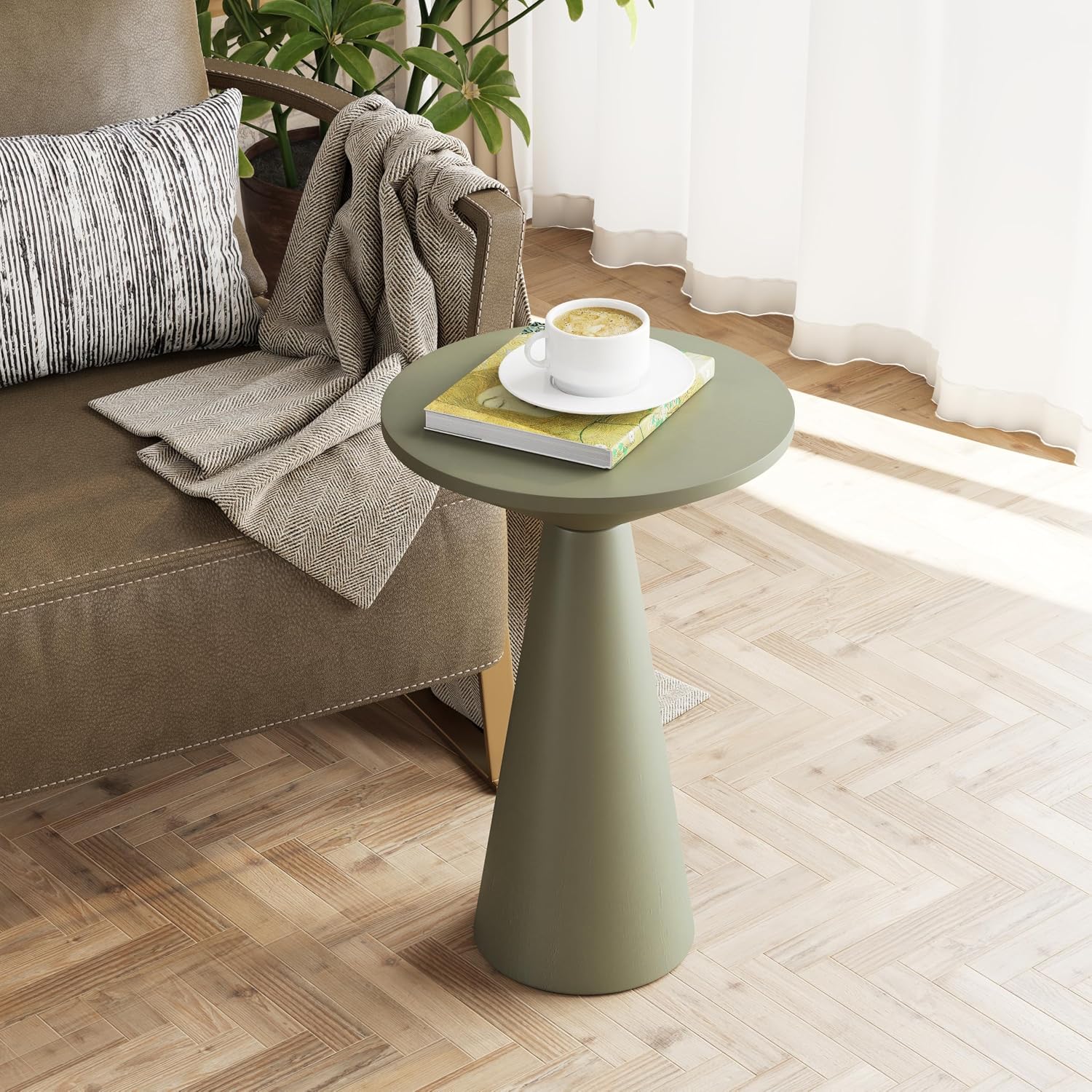 COZAYH Small Pedestal End Table Round Farmhouse Martini Table Wood Plant Stand Rustic Drink Table for Small Space Living Room, Sage Green