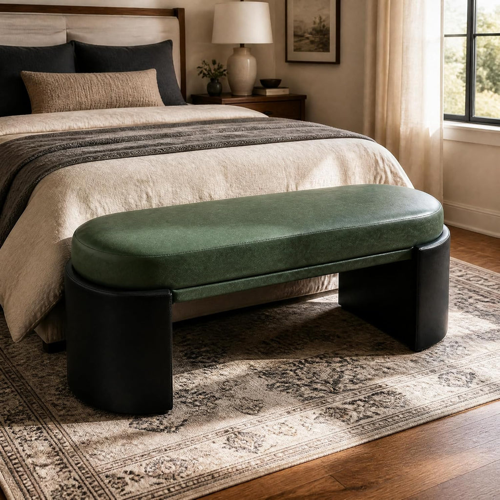 Christopher Knight Home Roland 48" Faux Leather Upholstered Dining Bench, Wooden Entryway Bench, Long Sofa Footstool for Living Room, Bedroom End of Bed Bench, Green+Black