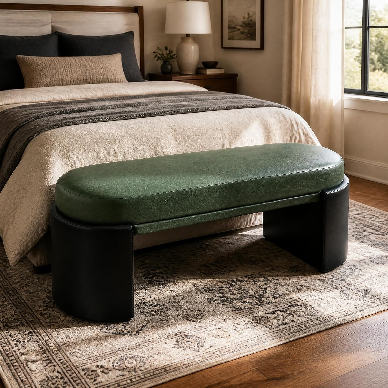 Christopher Knight Home Roland 48" Faux Leather Upholstered Dining Bench, Wooden Entryway Bench, Long Sofa Footstool for Living Room, Bedroom End of Bed Bench, Green+Black