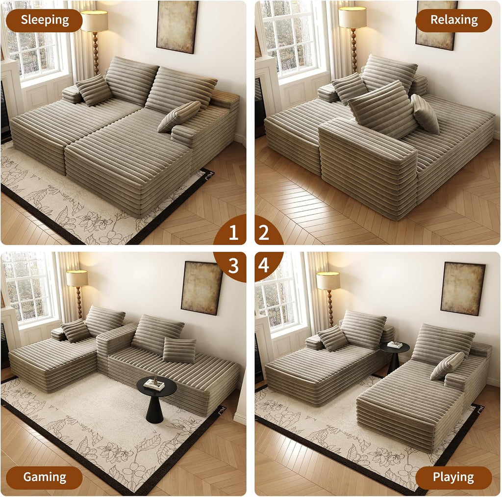 80” Oversized Double Lounge Chaise,Cloud Plush Sofa Bed,Upholstered Cloud Sofa Deep Seat,No Assembly Required,Modern Corduroy Sleeper Loveseat Chair for Living Room Bedroom Reading,Camel