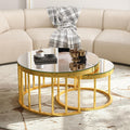 JIVOIT 2-Piece Round Nesting Coffee Table Set with Gold Metal Frame | Modern Circular Cocktail Table, Tempered Glass Tabletop, Accent Nesting Tables, Rounded Edge, Space-Saving, Living Room