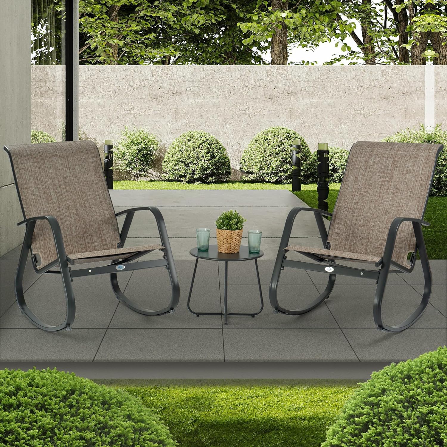 Kozyard 3-Piece Outdoor Rocking Chair Set, Patio Bistro Set with 2 Sling Rockers and Side Table,Powder-Coated Aluminum Frame, Breathable Textilene Fabric for Porch, Garden, Balcony, Beige