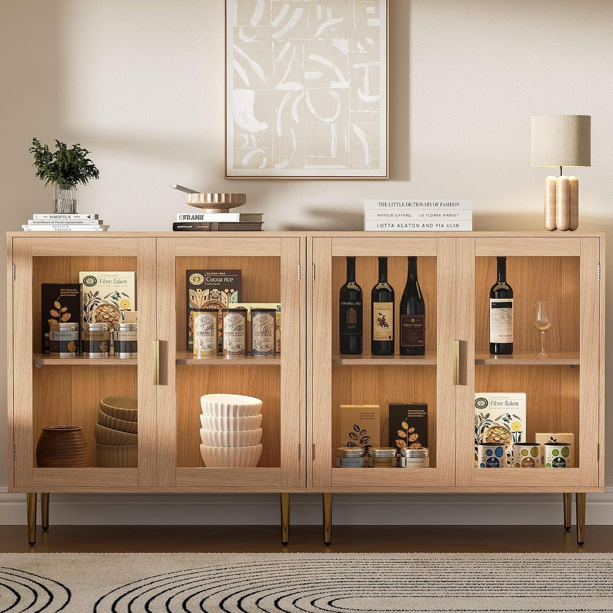 Housoul Buffet Cabinet with LED Lights, Sideboard Cabinet with 2 Doors Acrylic, 32" Modern Buffet Cabinet with Shelf, Coffee Bar Cabinet for Living Room, Kitchen, Oak