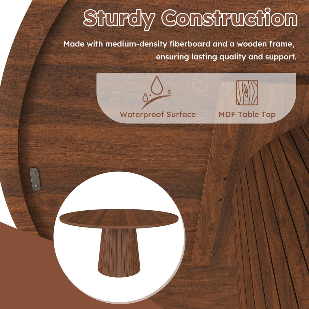 47" Round Dining Table for 4, Modern Farmhouse Kitchen Table with Wood Strip Base, Walnut Finish Circle Tables for Kitchen and Living Room Walnut