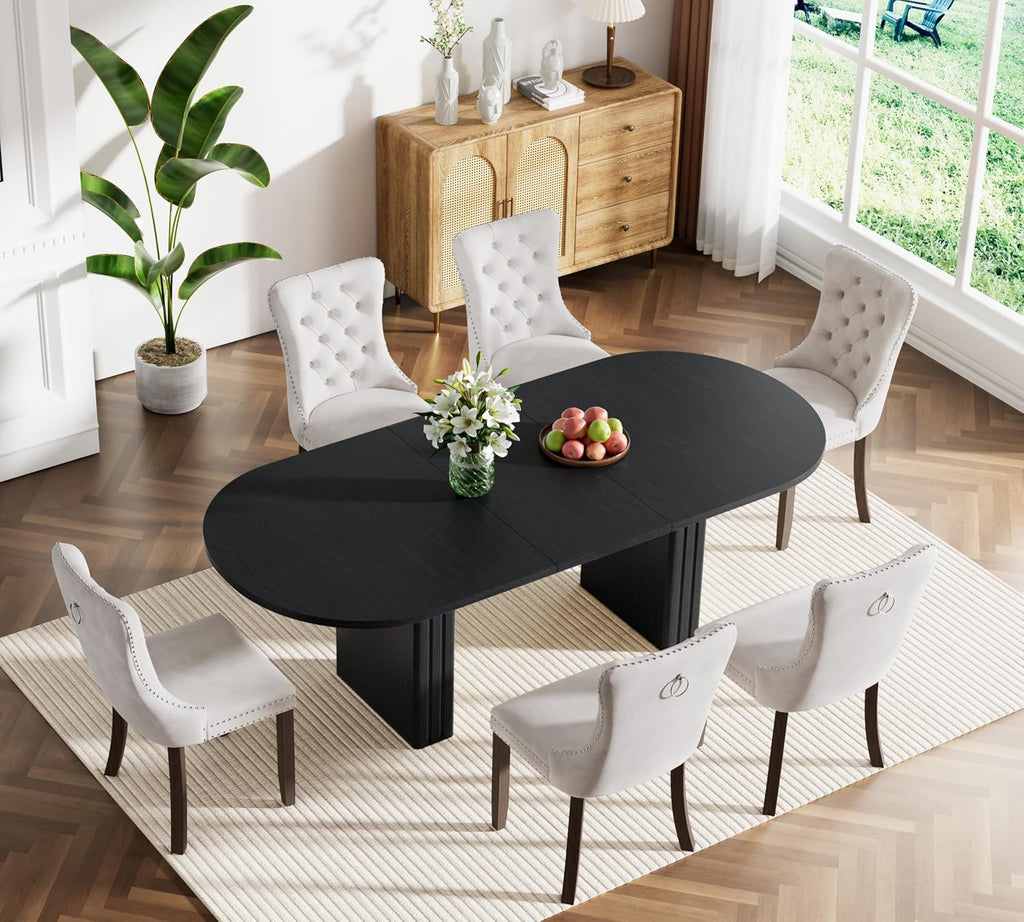 63"-79" Extendable Dining Table Set with 6 Beige Chairs, 7 Piece Oval Kitchen Dining Room Table Set for 6, Modern Space-Saving Expandable Large Dinner Tables Set with Double Pedestal Base,Black