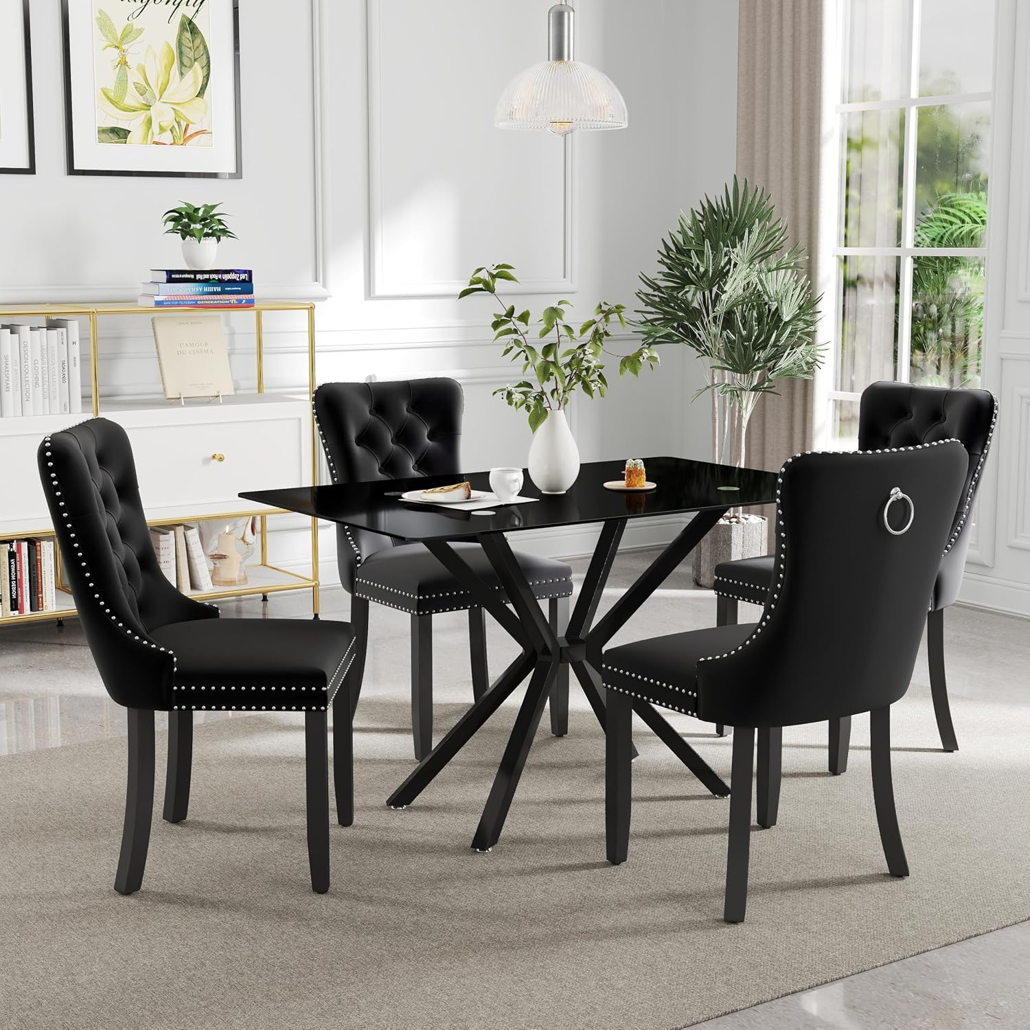 5 Pieces Modern Luxury Glass Dining Set, Minimalist Rectangle Dinner Room Set for 4, 47'' Black Glass Top Kitchen Table Set with Black Tufted Chairs, for Small Apartment Home