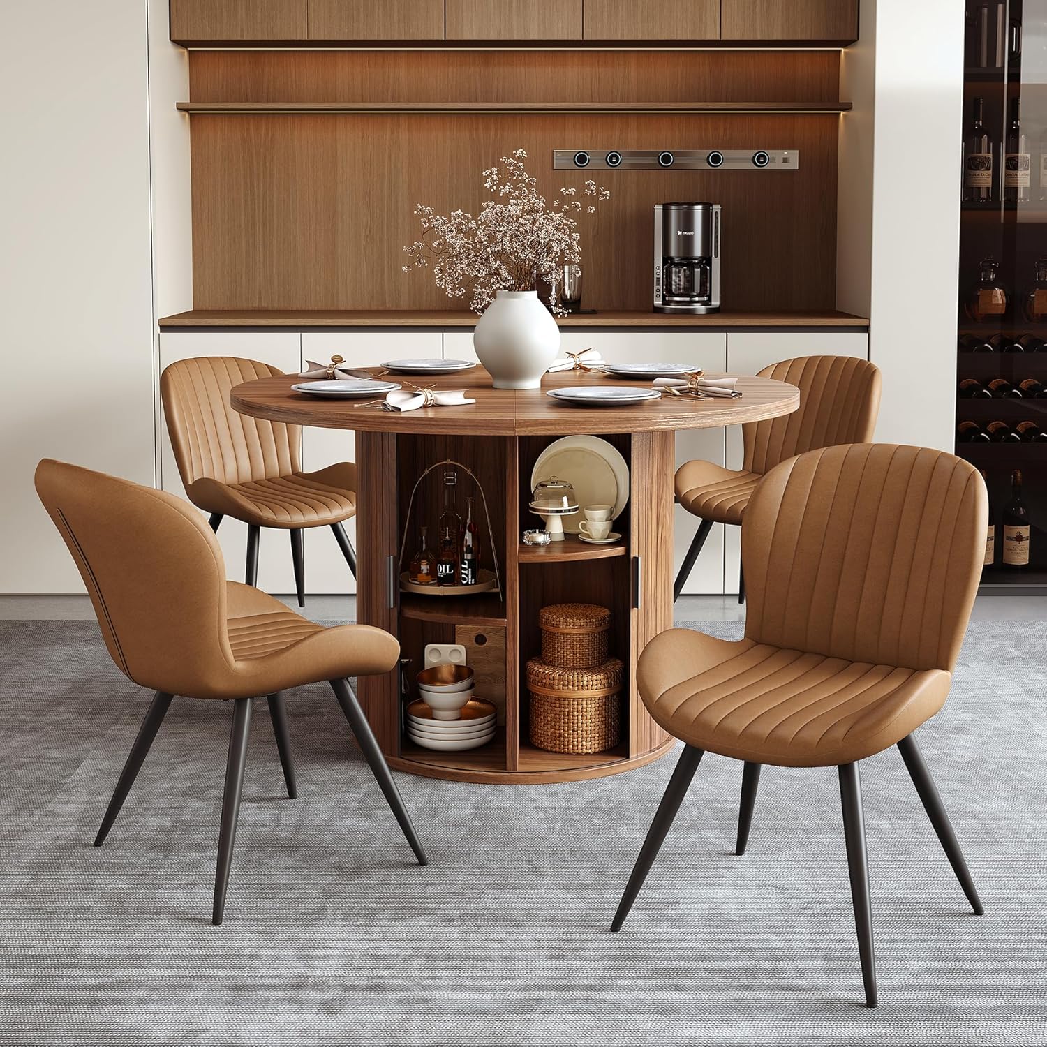 Miereirl Modern 5-Piece Dining Set for 4，47.24" Round Wooden Table with Semi-Open Storage Rack & Siding Door, Paired wth High-End Fabric Chairs -Warm Home Dining Room Combination