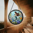 Stained Glass Window Hanging - Light Blue Mermaid Suncatcher for Door Terrace Garden Home Decor, Ocean Flowers Sun Catcher Birthday Gifts for Lovers Women Men Dad Mom Nana 11.8 in