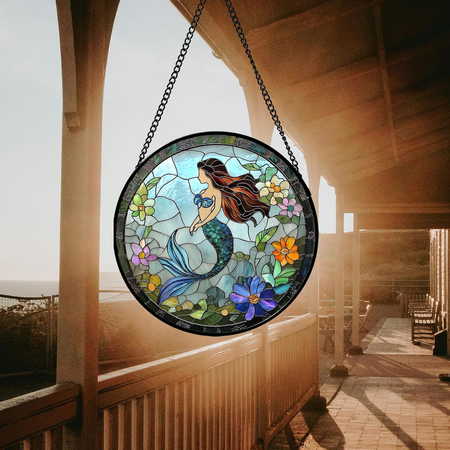 Stained Glass Window Hanging - Light Blue Mermaid Suncatcher for Door Terrace Garden Home Decor, Ocean Flowers Sun Catcher Birthday Gifts for Lovers Women Men Dad Mom Nana 11.8 in