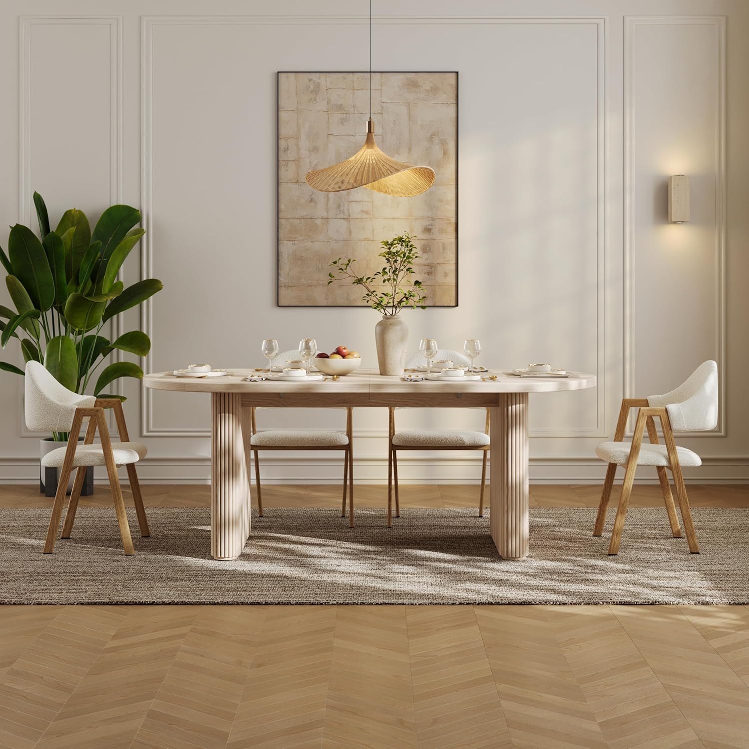 homary Oval Extendable Dining Table 79"–94", Japandi Wooden Dining Table for 6–10, Solid Wood Kitchen & Dining Room Table with Double Pedestal Base (Table Only)