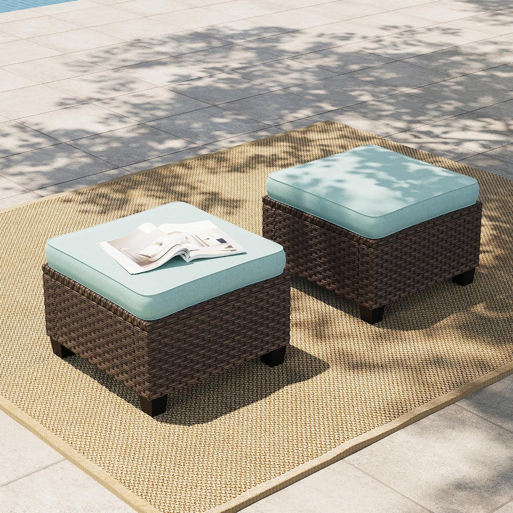 HERA'S HOUSE Outdoor Wicker Ottoman Set of 2, Patio Footstool Footrest Seat with 4" Cushions, 2 Pieces Brown Rattan Garden Stool, Blue