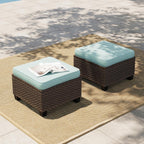 HERA'S HOUSE Outdoor Wicker Ottoman Set of 2, Patio Footstool Footrest Seat with 4" Cushions, 2 Pieces Brown Rattan Garden Stool, Blue