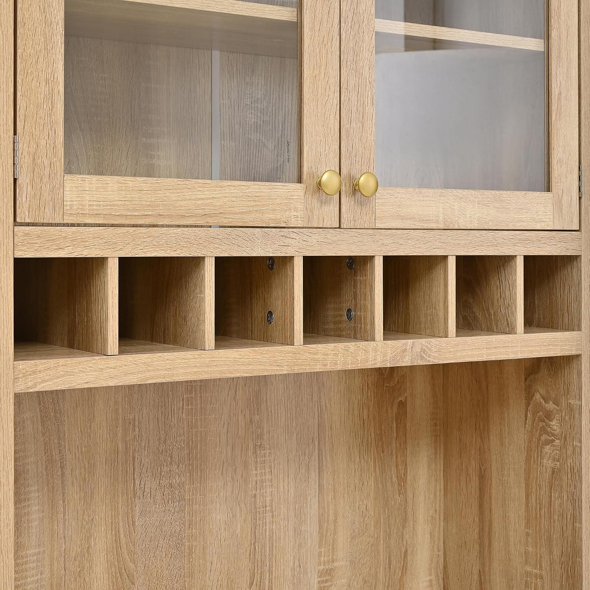 Polibi Farmhouse Freestanding Kitchen Pantry Cabinet Buffet with Hutch, Wine Rack, Adjustable Shelves, Pull-Out Bottle Trays & Glass Doors, 35.4x17.7x74.8inch,Natural