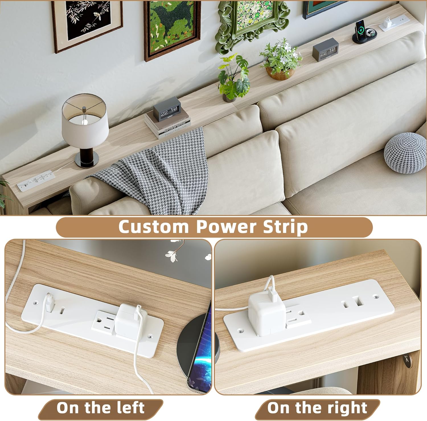TIQLAB 9.1 Inch Narrow Console Table with Power Outlet,Sofa Table Set of 2，Total Length 94'' Sofa Table Behind Couch，for Entryway&Living Room, Light Walnut
