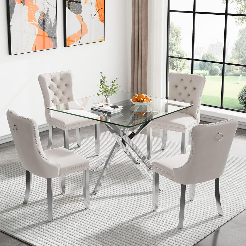 HomVent 36'' Square Glass Dining Table Set for 4,Modern Square Glass Kitchen Table Set for 4, Dining Room Set with Dining Chairs for Kitchen
