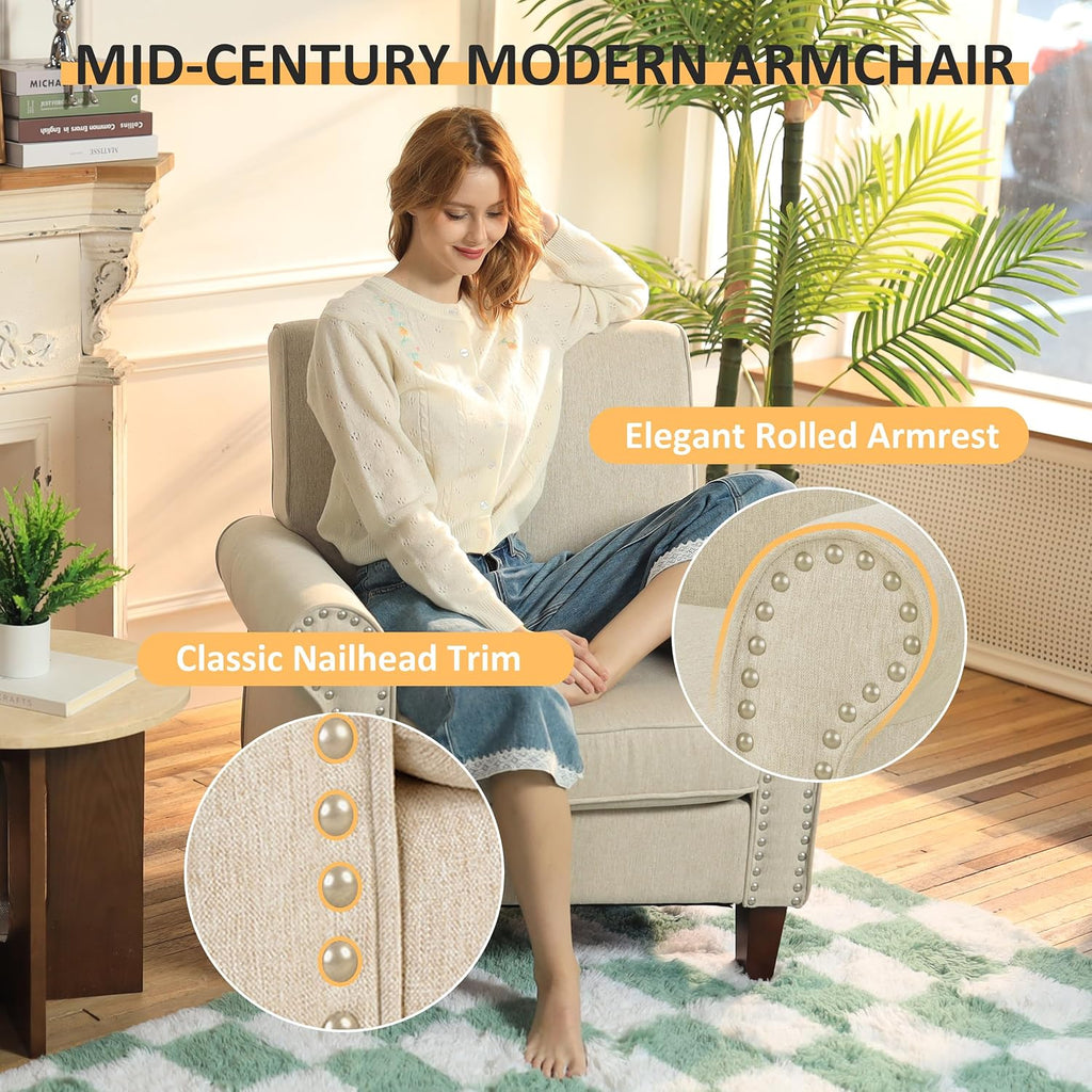 PrimeZone Comfy Accent Chairs Set of 2, Mid-Century Modern Arm Chair, Beige | Soft Cushion, Rolled Armrest, Elegant Nailhead Trim, Sturdy Wood Frame, Ideal for Living Room, Bedroom & Waiting Areas