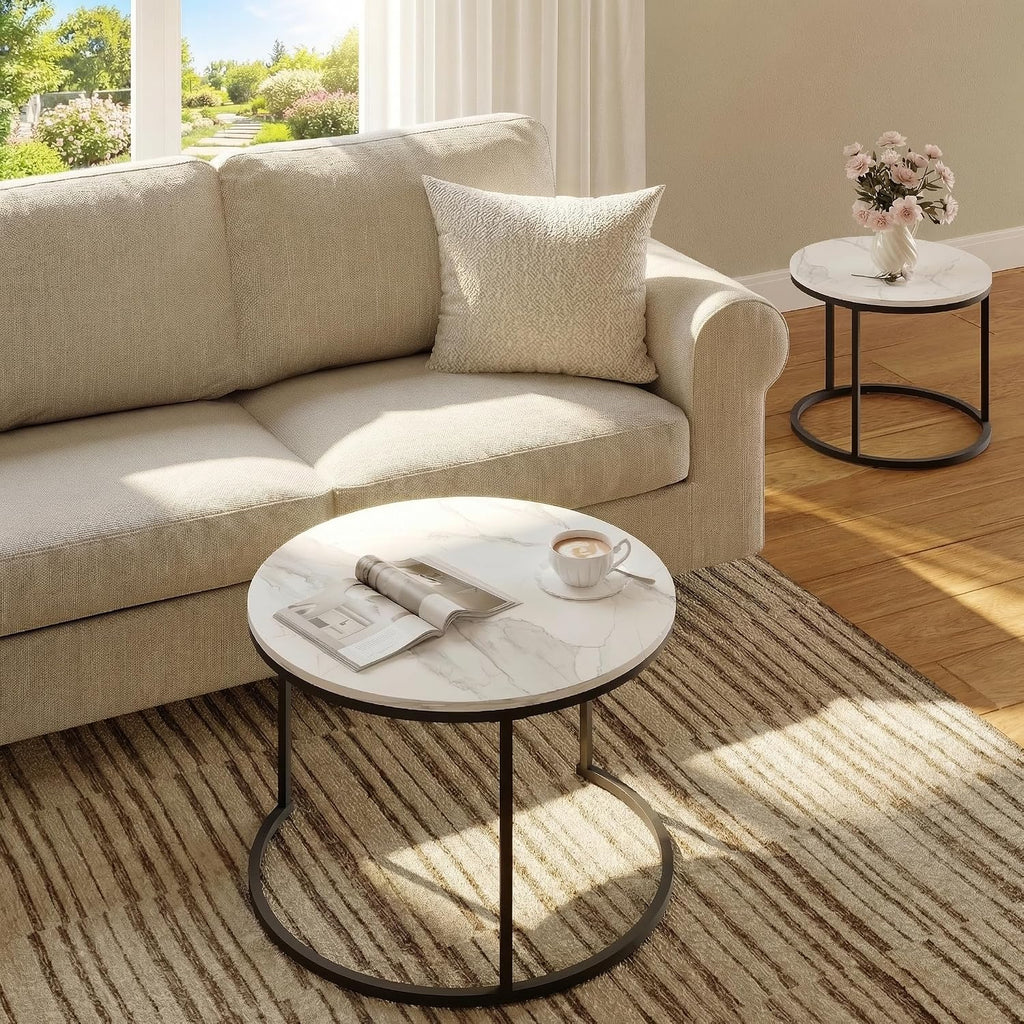 Living Room Side Table, Round Coffee Tables for Living Room, Modern Nesting Drink for Small Spaces, Set of 2 (Marble)