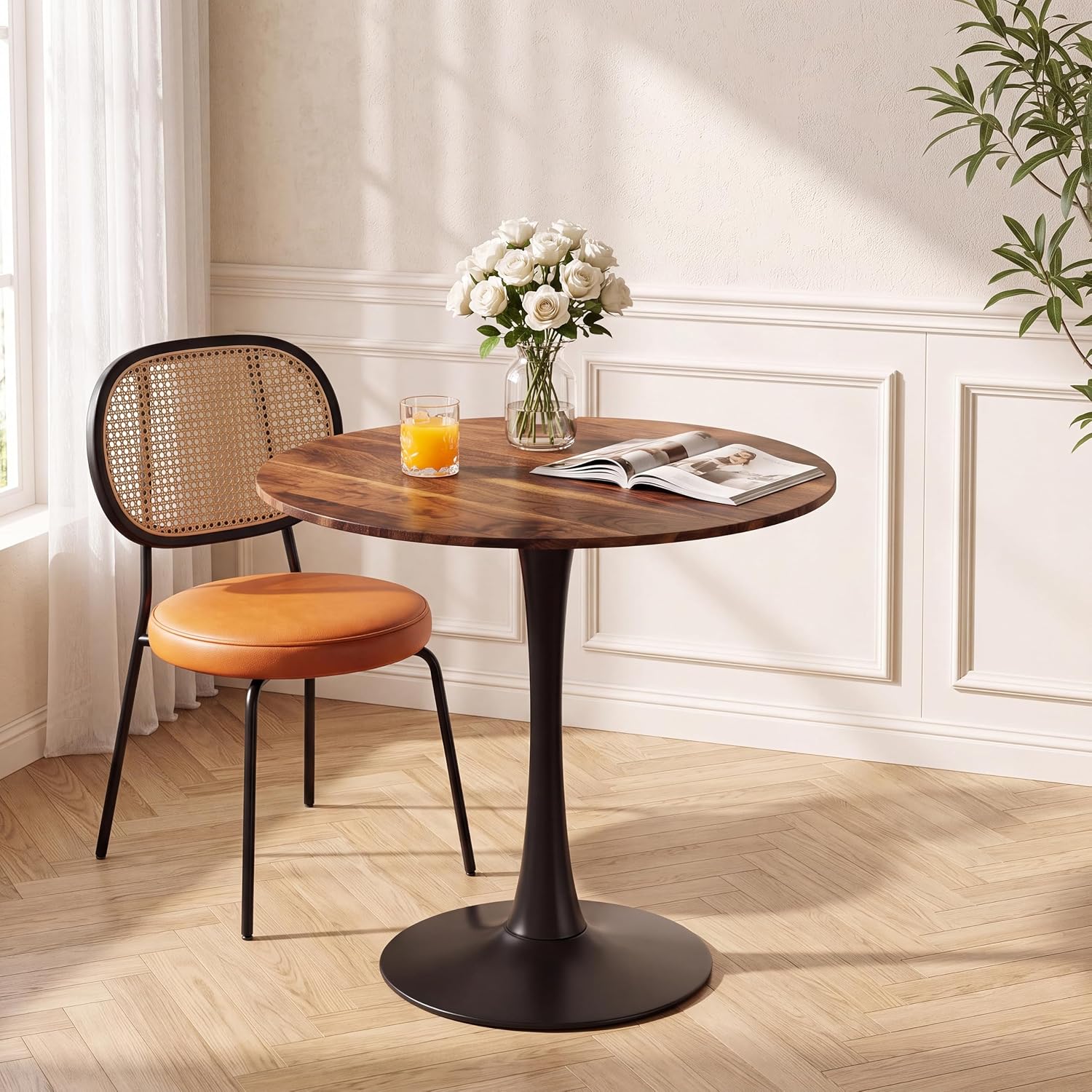 31.5 Inch Round Dining Table,Mid-Century Tulip Table with Metal Pedestal Base,Modern Leisure Table for Small Space Kitchen Dining Room,Easy Assembly,Walnut and Black