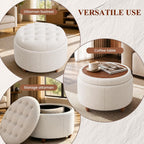 25" Round Ottoman with Storage, Small Coffee Table with Reversible Tray Lid | Tufted Fabric Round Storage Ottoman with Solid Wood Legs, 3-in-1 Footrest for Living Room, Bedroom, Entryway, Camel