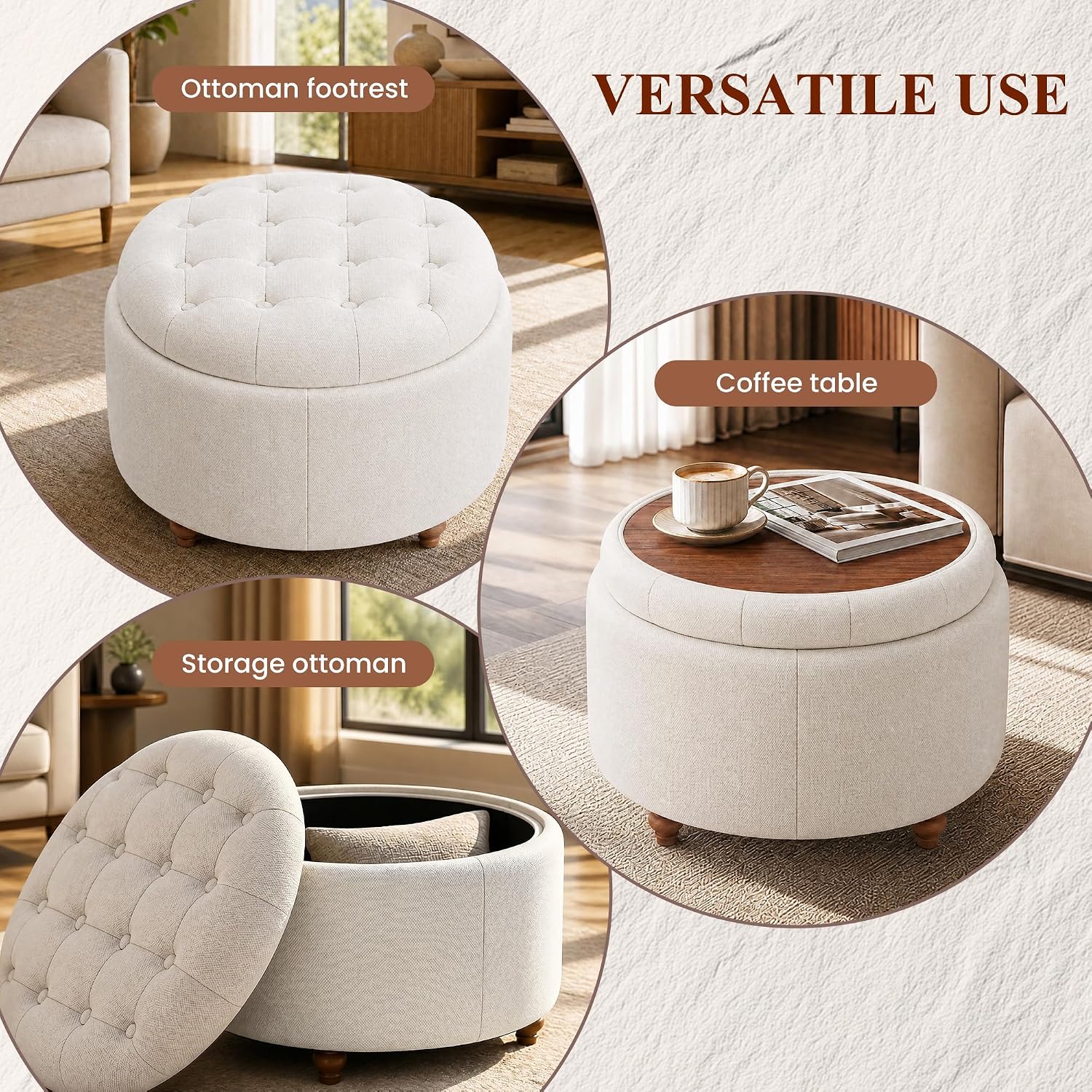 25" Round Ottoman with Storage, Small Coffee Table with Reversible Tray Lid | Tufted Fabric Round Storage Ottoman with Solid Wood Legs, 3-in-1 Footrest for Living Room, Bedroom, Entryway, Camel