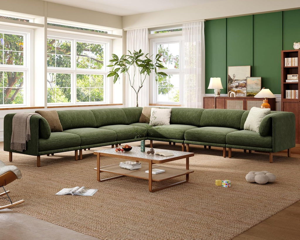 Cloud Sectional Couches for Living Room,Modular Sectional Sofa,Green | V-Shaped Extra Deep 7 Seater,Mid Century Modern Oversized Sectional Couches with Solid Wood Leg,Large Sofa for Big Space