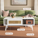 IDEALHOUSE Living Room Table Sets of 2, Includes 62" Rattan TV Stand Storage Cabinet for 65" TV, Farmhouse Coffee Table with Storage Shelf for Bedroom