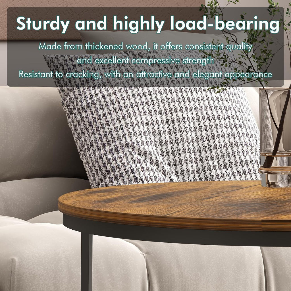 27.6" Round Nesting Coffee Table Set of 2, Rustic Wood Top & Metal Frame | Set of 2 round nesting coffee tables with metal frames and 120 lb capacity. Space-saving stacking design for living rooms