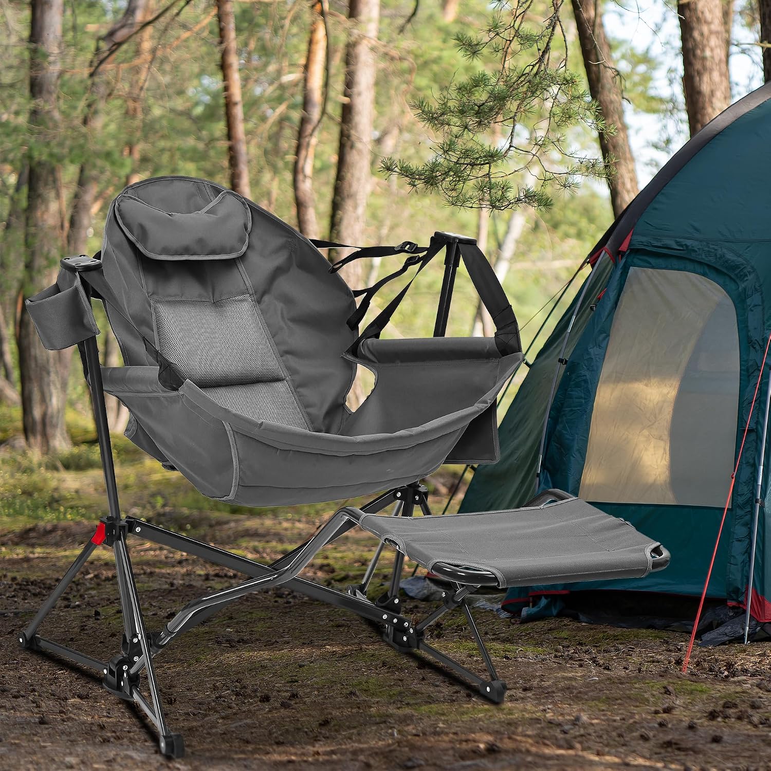 Ainfox Hammock Camping Chair with Footrest, Foldable Portable Rocking Chairs for Adults Outside Swinging Camp with Cup Holder Pillow for Outdoor Patio Poolside (Dark Grey)