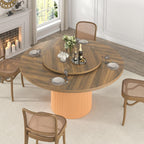 55 Inch Round Dining Table for 6 with Lazy Susan, Modern Farmhouse Kitchen Table with Wood Strip Base for Dining Living Room, Brown