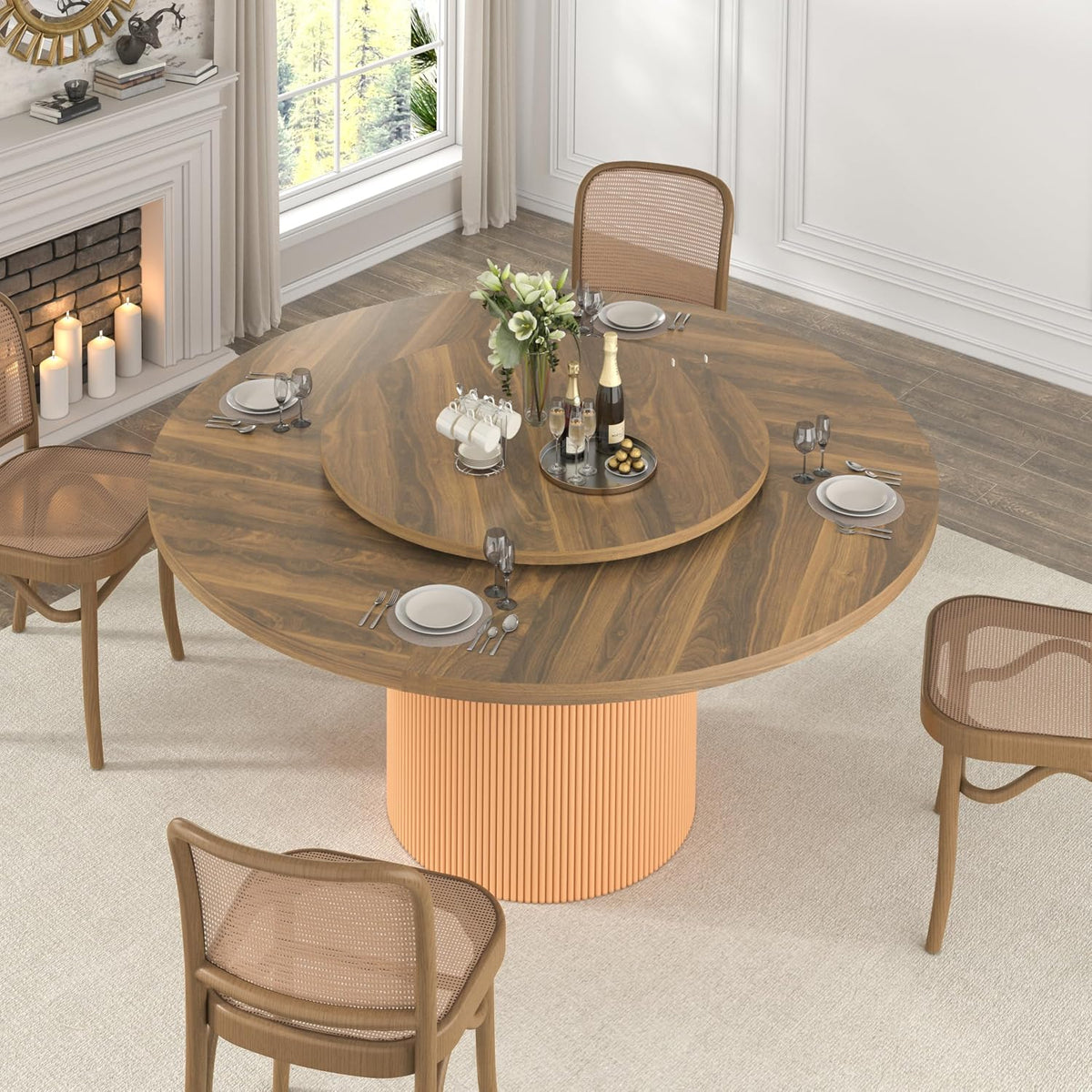 55 Inch Round Dining Table for 6 with Lazy Susan, Modern Farmhouse Kitchen Table with Wood Strip Base for Dining Living Room, Brown